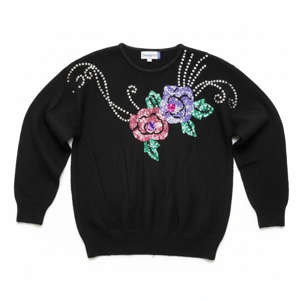 Diversity Vintage Black Sequin‎ Floral Silk Angora Sweater, Women's Petite Small
